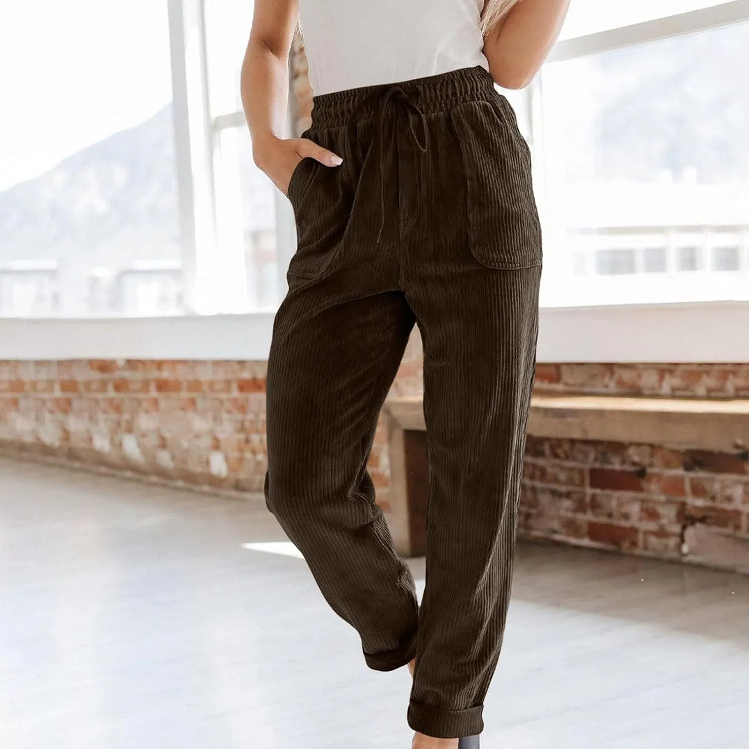 Corduroy Pants Women High Waisted Elastic Trendy Wide Leg Trousers Pants Casual Drawstring Loose Pants 2024 Fall