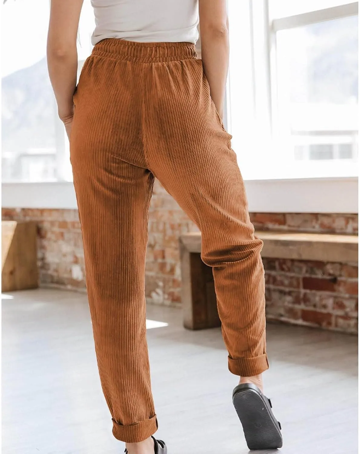 Corduroy Pants Women High Waisted Elastic Trendy Wide Leg Trousers Pants Casual Drawstring Loose Pants 2024 Fall