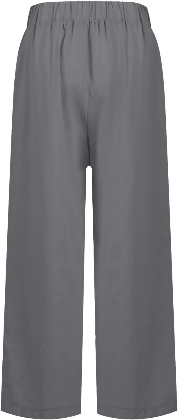 Cotton Linen Pants Women Summer Elastic Straight Leg Pants Plus Size Wide Leg Crop Pants Beach Trousers with Pockets
