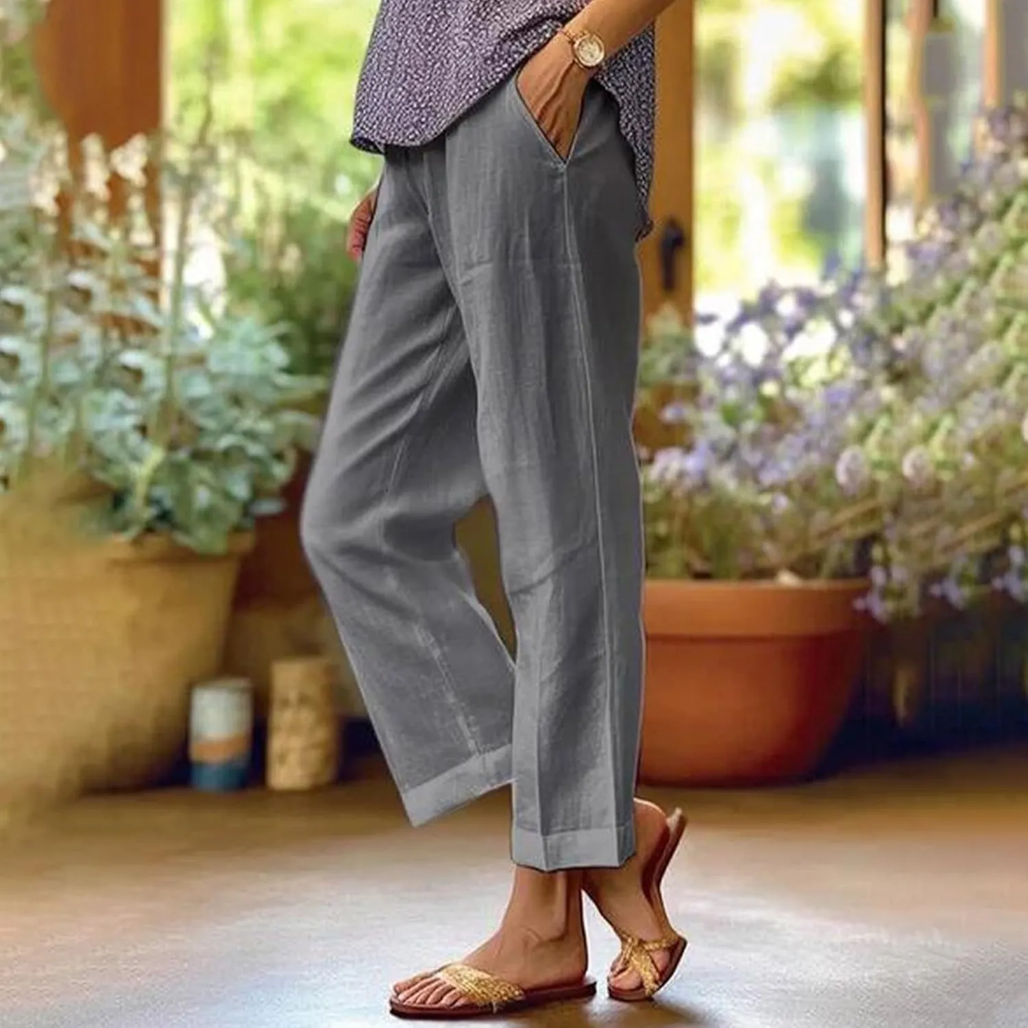 Cotton Linen Pants Women Summer Elastic Straight Leg Pants Plus Size Wide Leg Crop Pants Beach Trousers with Pockets