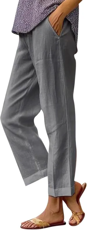 Cotton Linen Pants Women Summer Elastic Straight Leg Pants Plus Size Wide Leg Crop Pants Beach Trousers with Pockets