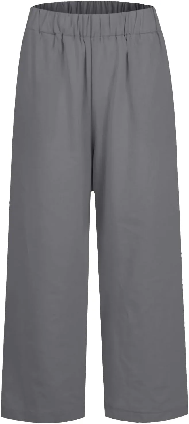 Cotton Linen Pants Women Summer Elastic Straight Leg Pants Plus Size Wide Leg Crop Pants Beach Trousers with Pockets