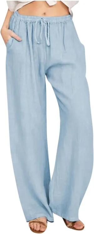 Cotton Linen Wide Leg Pants for Women Casual Summer 2024 Drawstring Beach Pants Loose Flowy Lounge Trousers