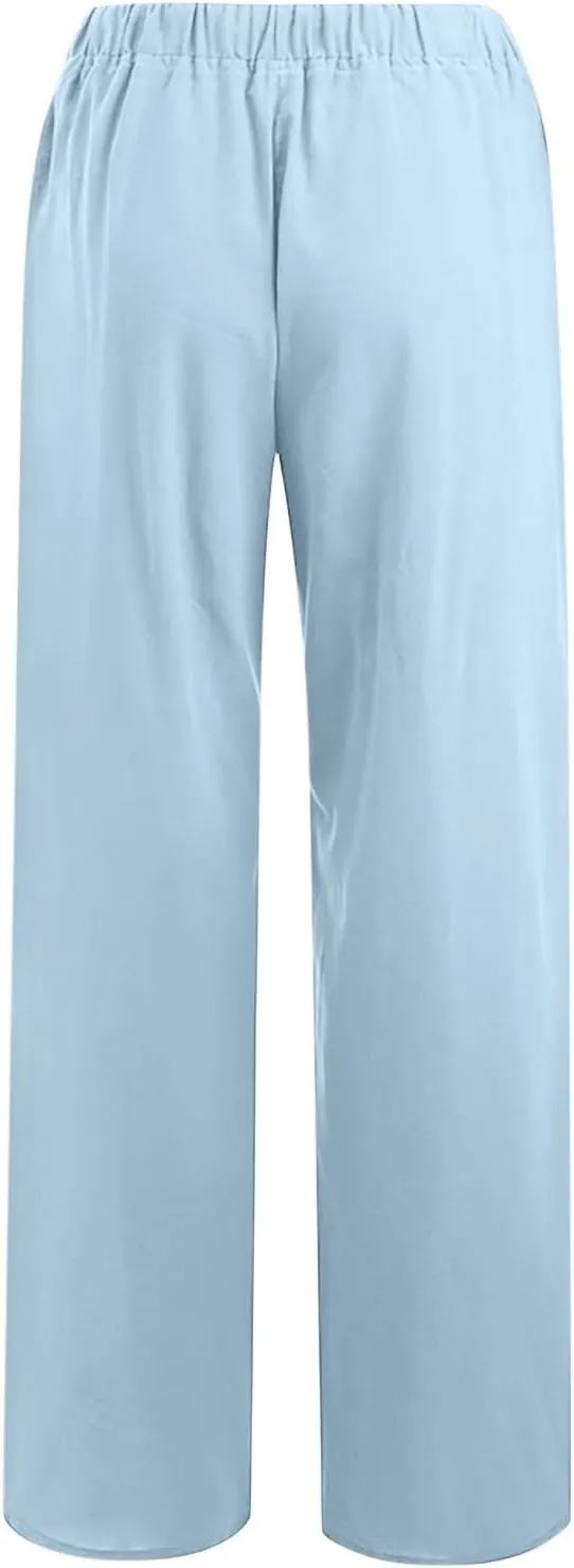 Cotton Linen Wide Leg Pants for Women Casual Summer 2024 Drawstring Beach Pants Loose Flowy Lounge Trousers