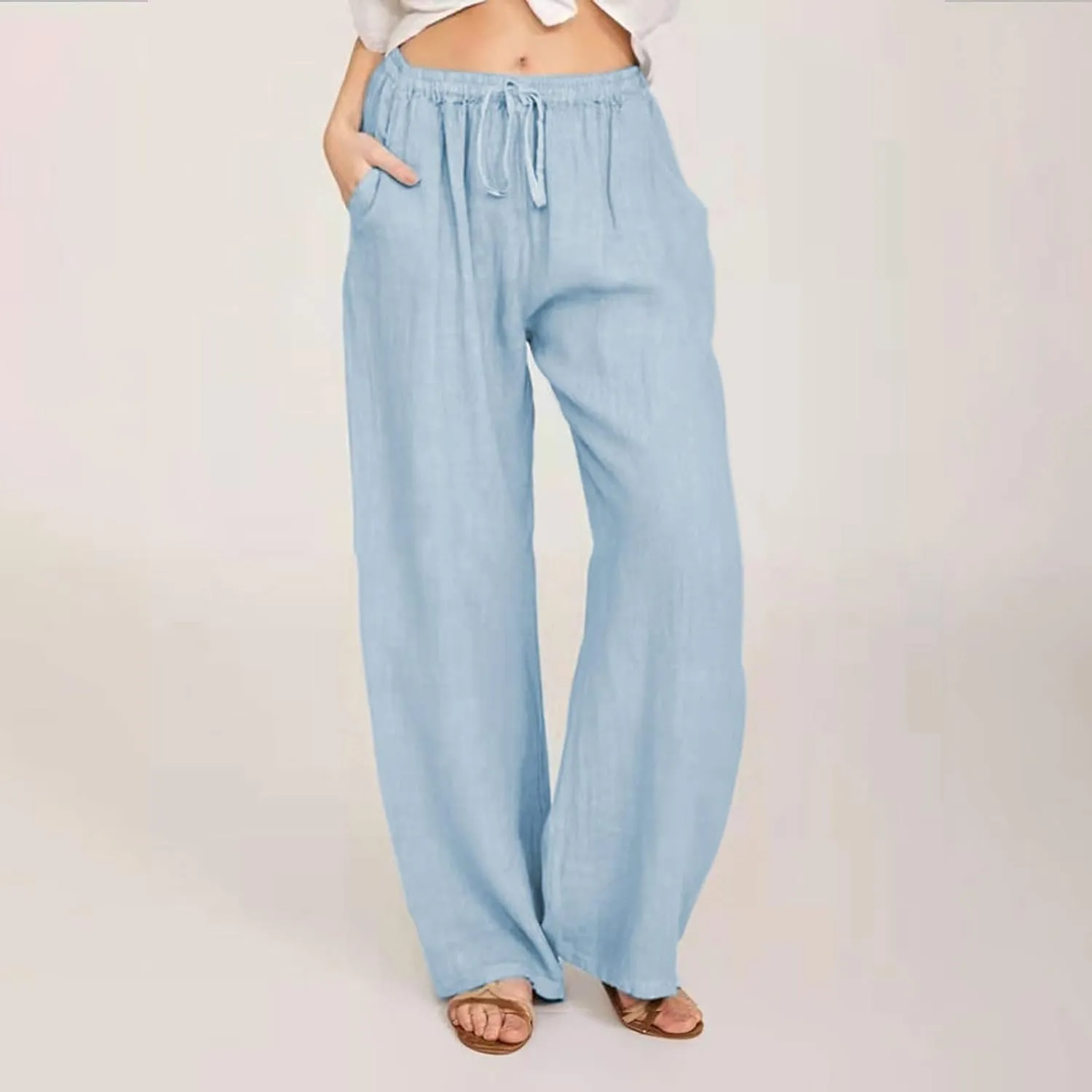 Cotton Linen Wide Leg Pants for Women Casual Summer 2024 Drawstring Beach Pants Loose Flowy Lounge Trousers