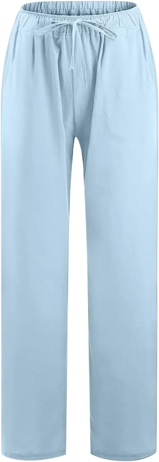 Cotton Linen Wide Leg Pants for Women Casual Summer 2024 Drawstring Beach Pants Loose Flowy Lounge Trousers