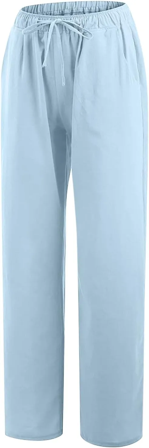Cotton Linen Wide Leg Pants for Women Casual Summer 2024 Drawstring Beach Pants Loose Flowy Lounge Trousers