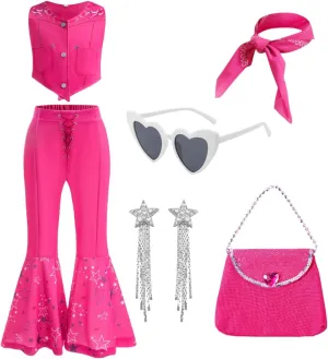 Cowgirl Costume Girls Disco Outfits Movie role Dress Up Set with Scarf Handbag For Halloween Birthday Cosplay Party