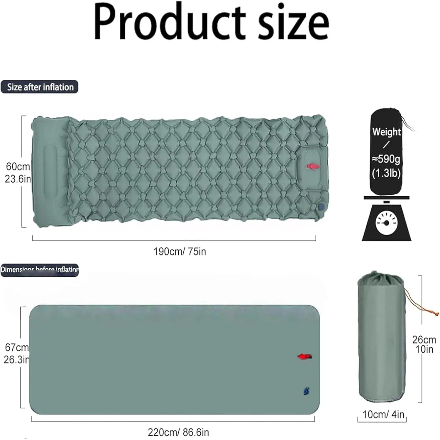 Coziya Matelas, 5cm Ultralight Inflatable Camping Mattress, Inflatable Sleeping Pad with Built-in Pillow, Anti-Slip Portable Foldable, for Traveling, Camping, Beach, Hiking (Light Green)