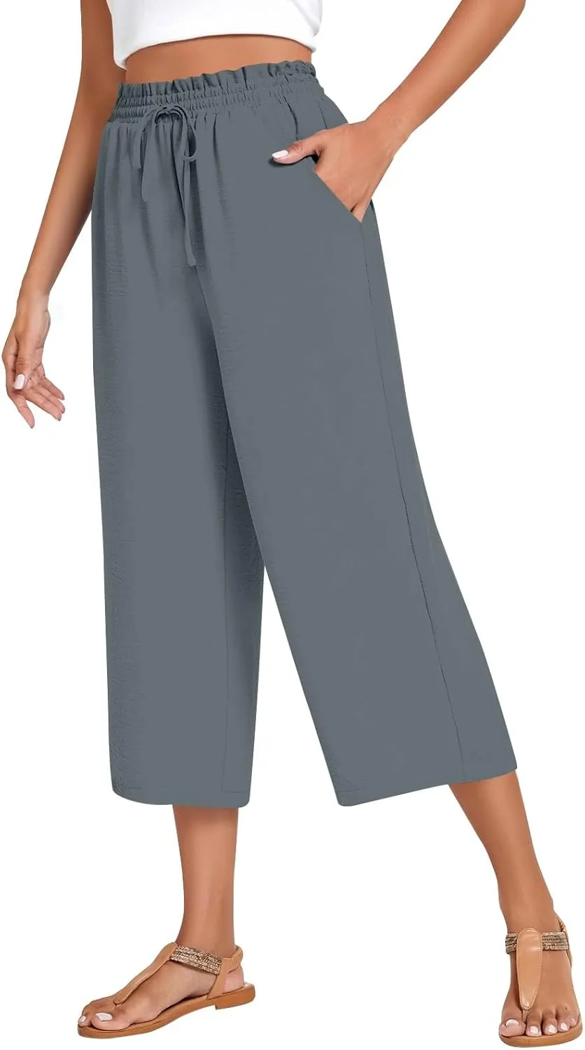 Cropped Linen Pants Women Elastic High Waisted Wide Leg Capris Drawstring Paper Bag Summer Vacation Beach Pants Pockets