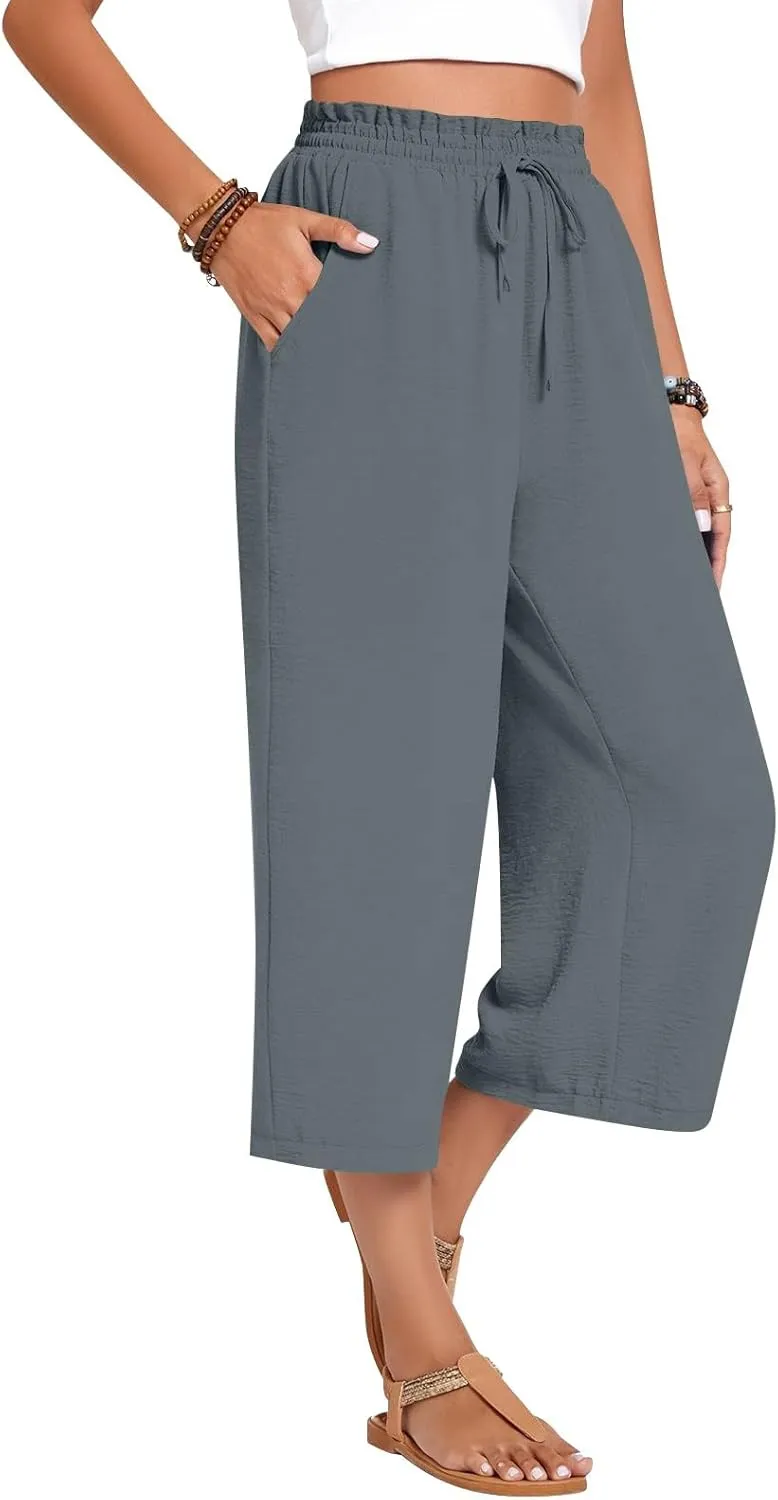 Cropped Linen Pants Women Elastic High Waisted Wide Leg Capris Drawstring Paper Bag Summer Vacation Beach Pants Pockets