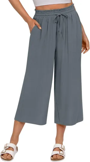 Cropped Linen Pants Women Elastic High Waisted Wide Leg Capris Drawstring Paper Bag Summer Vacation Beach Pants Pockets