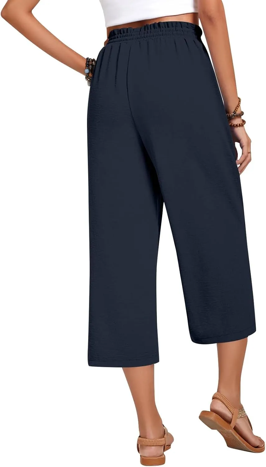 Cropped Linen Pants Women Elastic High Waisted Wide Leg Capris Drawstring Paper Bag Summer Vacation Beach Pants Pockets
