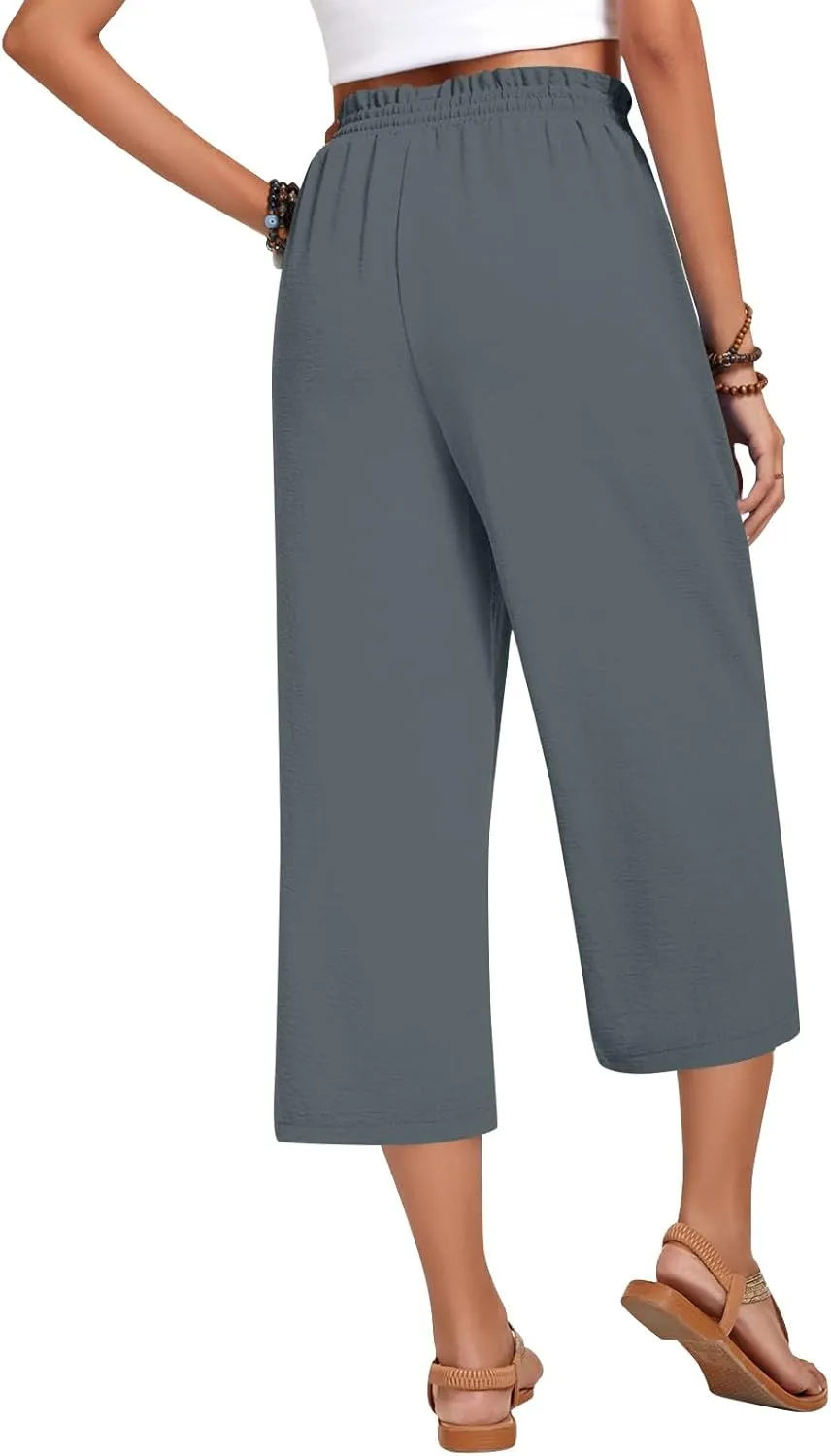 Cropped Linen Pants Women Elastic High Waisted Wide Leg Capris Drawstring Paper Bag Summer Vacation Beach Pants Pockets