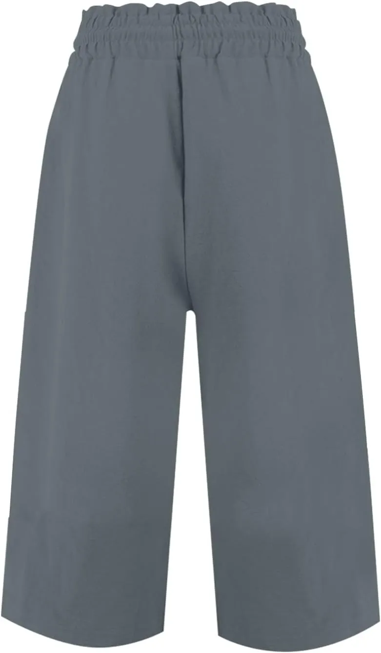 Cropped Linen Pants Women Elastic High Waisted Wide Leg Capris Drawstring Paper Bag Summer Vacation Beach Pants Pockets