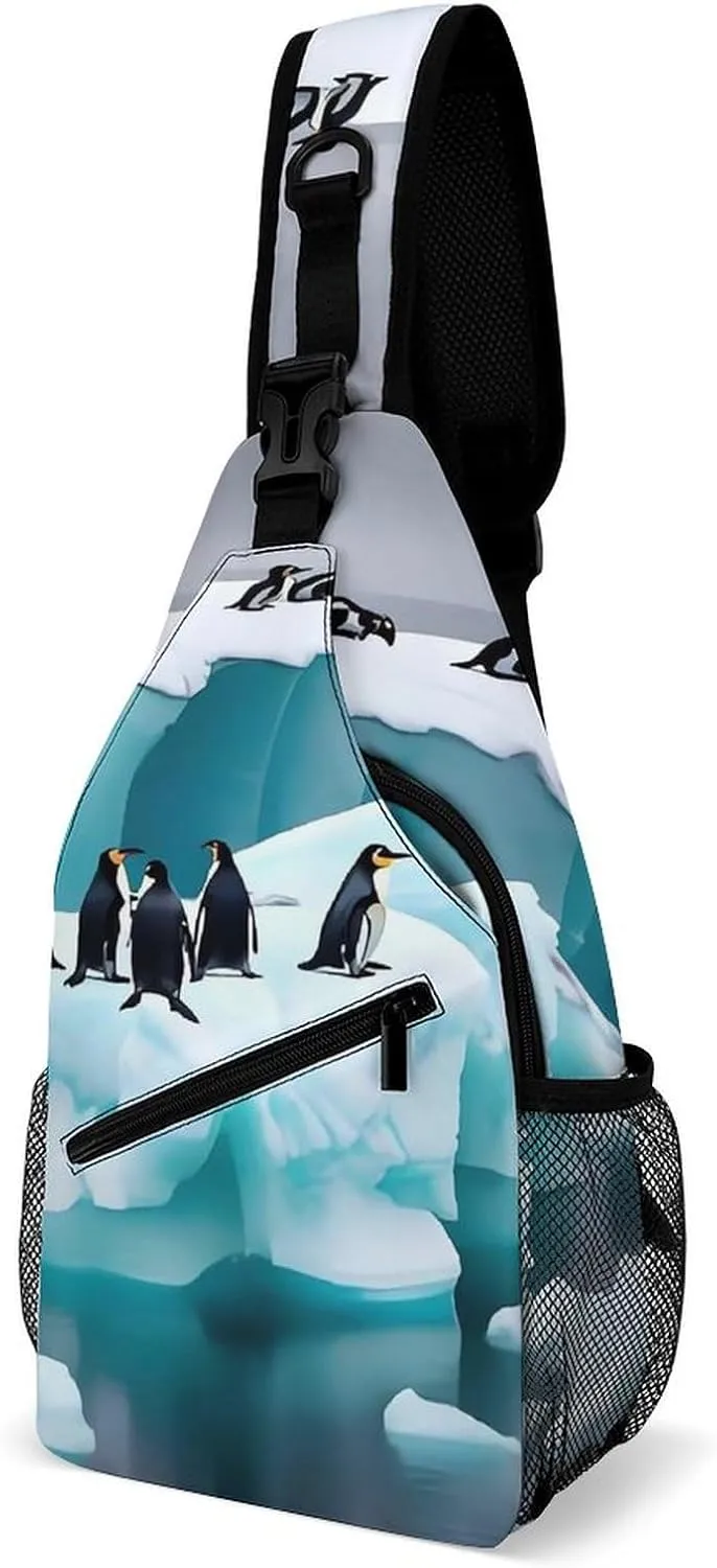 Crossbody Sling Bag Penguins On The Iceberg Sling Backpack Shoulder Chest Bag Casual Chest Bag with Adjustable Shoulder Strap Fanny Packs for Outdoors Hiking Traveling