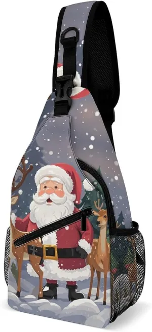 Crossbody Sling Bag Santa Claus And Deer Elk Sling Backpack Shoulder Chest Bag Casual Chest Bag with Adjustable Shoulder Strap Fanny Packs for Outdoors Hiking Traveling