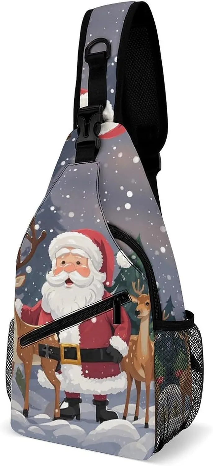 Crossbody Sling Bag Santa Claus And Deer Elk Sling Backpack Shoulder Chest Bag Casual Chest Bag with Adjustable Shoulder Strap Fanny Packs for Outdoors Hiking Traveling