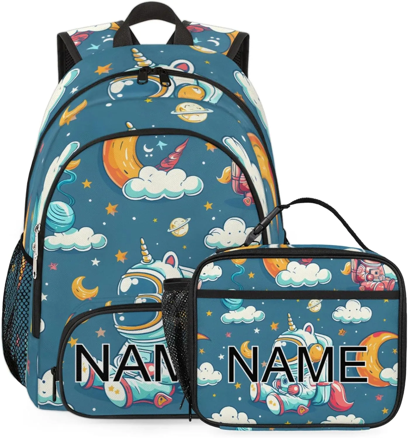 Custom Cute Astronaut Backpack and Lunch Box Set Personalized Backpack with Name, Customized Cartoon Galaxy Lightweight Waterproof Travel Casual Daypacks