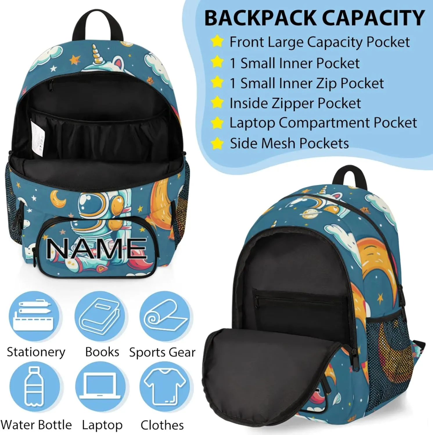 Custom Cute Astronaut Backpack and Lunch Box Set Personalized Backpack with Name, Customized Cartoon Galaxy Lightweight Waterproof Travel Casual Daypacks