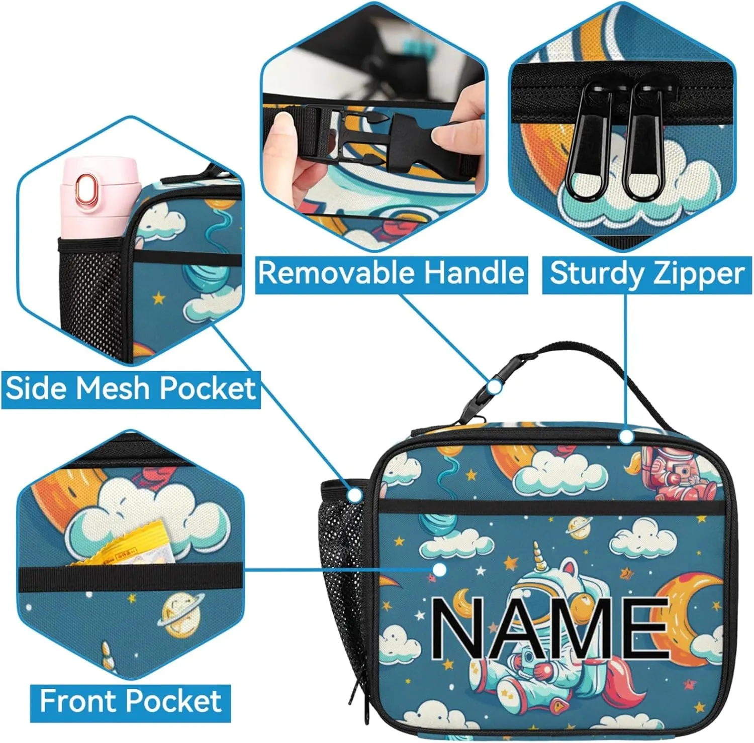 Custom Cute Astronaut Backpack and Lunch Box Set Personalized Backpack with Name, Customized Cartoon Galaxy Lightweight Waterproof Travel Casual Daypacks