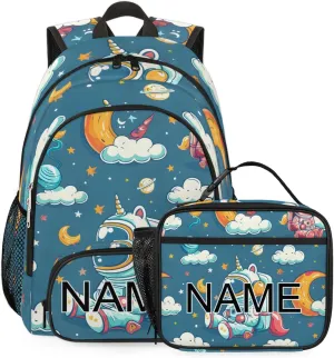 Custom Cute Astronaut Backpack and Lunch Box Set Personalized Backpack with Name, Customized Cartoon Galaxy Lightweight Waterproof Travel Casual Daypacks