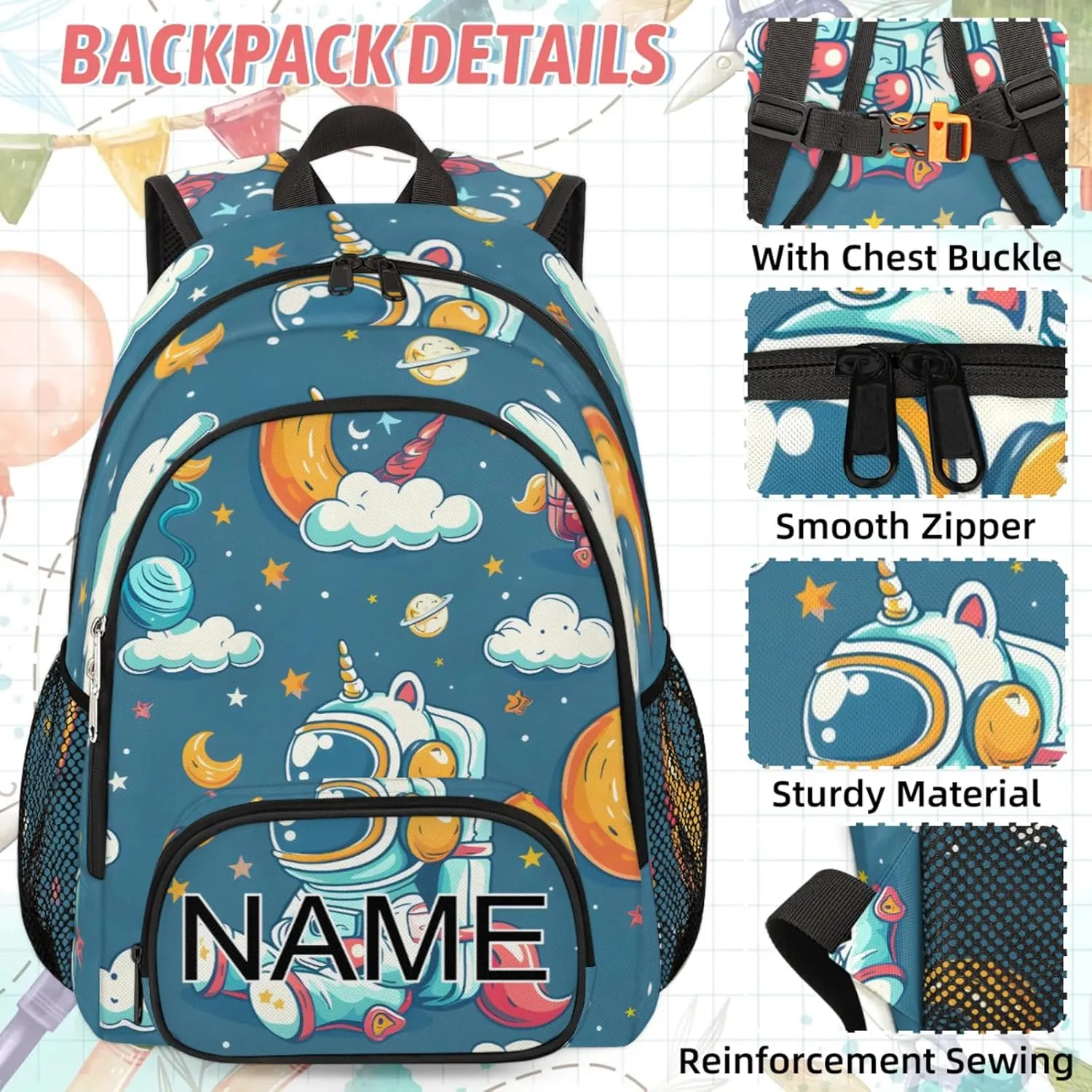 Custom Cute Astronaut Backpack and Lunch Box Set Personalized Backpack with Name, Customized Cartoon Galaxy Lightweight Waterproof Travel Casual Daypacks