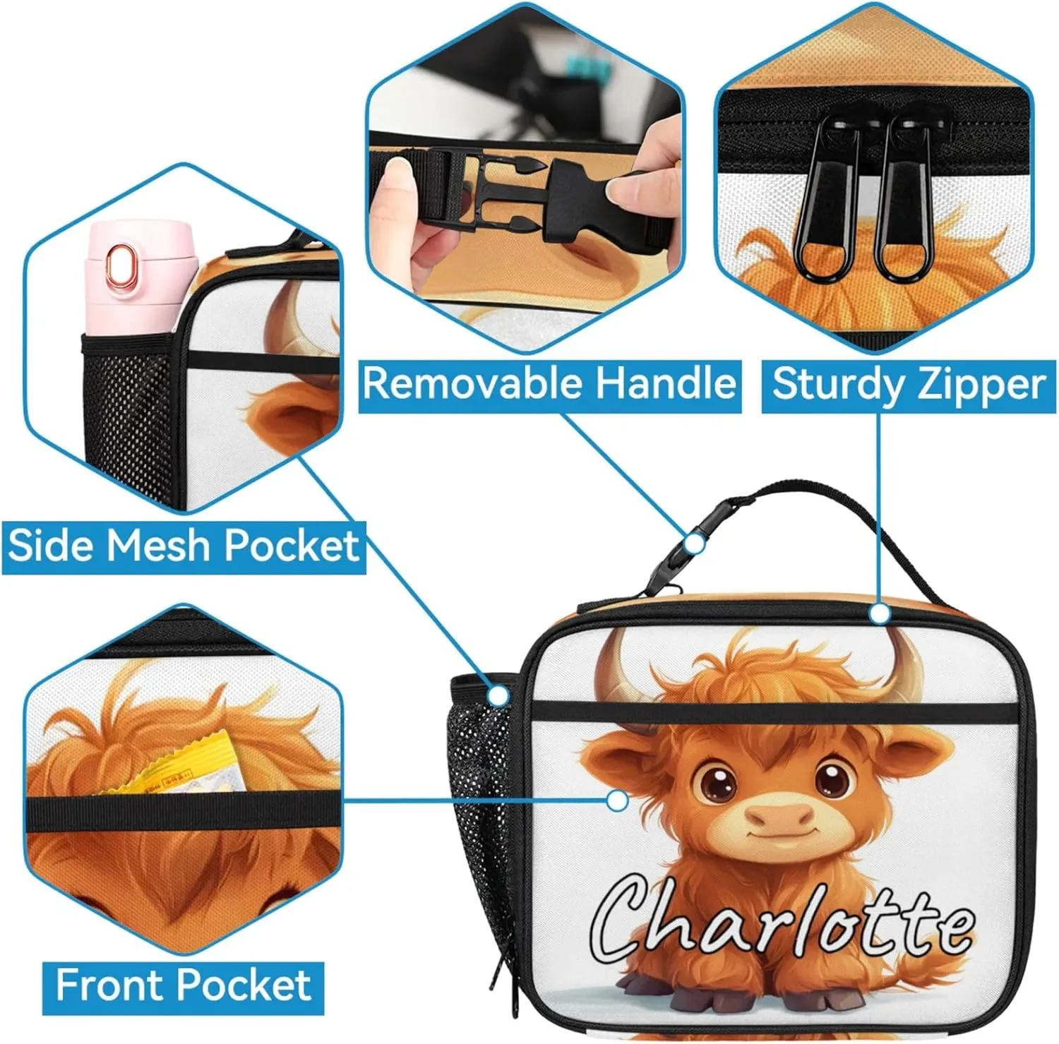 Custom Cute Highland Cow Backpack and Lunch Box Set Personalized Backpack with Name, Customized Funny Cattle Lightweight Waterproof Travel Casual Daypacks