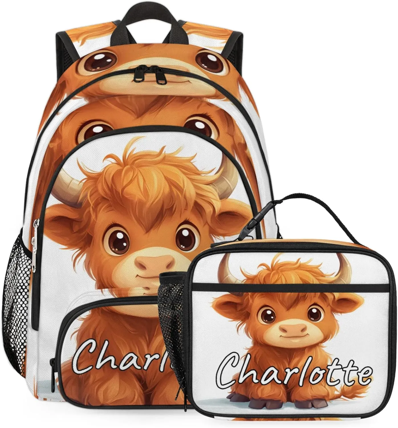 Custom Cute Highland Cow Backpack and Lunch Box Set Personalized Backpack with Name, Customized Funny Cattle Lightweight Waterproof Travel Casual Daypacks