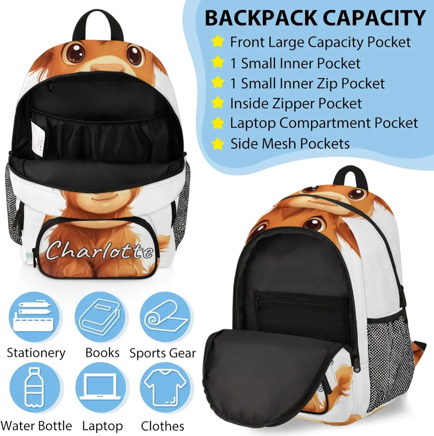 Custom Cute Highland Cow Backpack and Lunch Box Set Personalized Backpack with Name, Customized Funny Cattle Lightweight Waterproof Travel Casual Daypacks