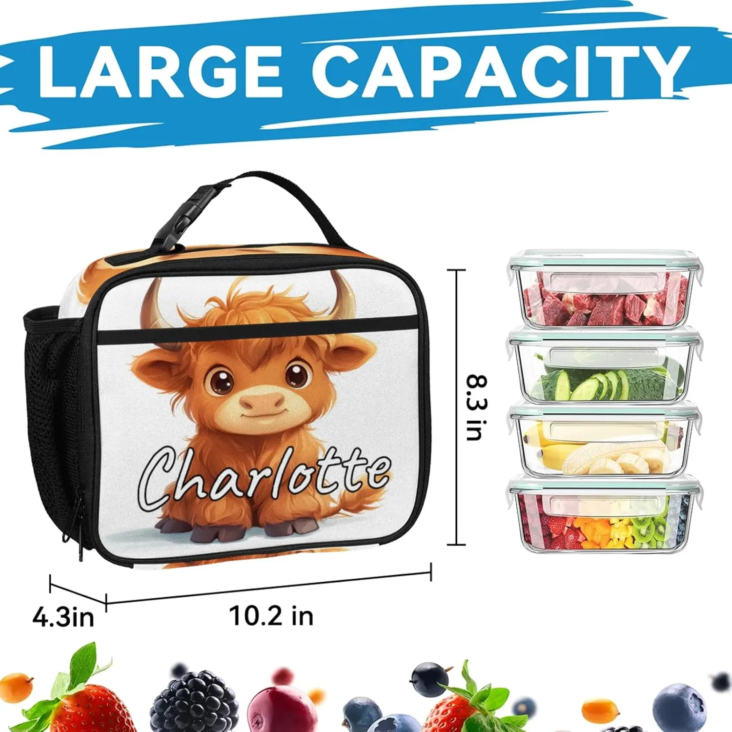 Custom Cute Highland Cow Backpack and Lunch Box Set Personalized Backpack with Name, Customized Funny Cattle Lightweight Waterproof Travel Casual Daypacks