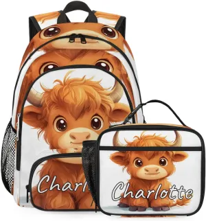Custom Cute Highland Cow Backpack and Lunch Box Set Personalized Backpack with Name, Customized Funny Cattle Lightweight Waterproof Travel Casual Daypacks