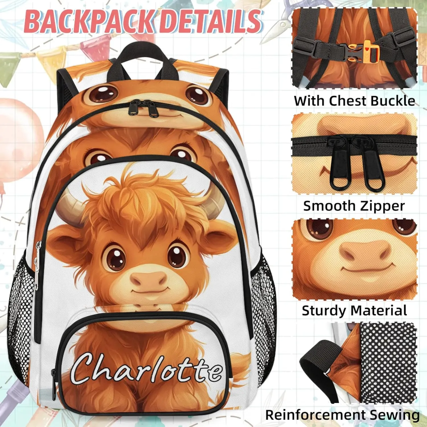 Custom Cute Highland Cow Backpack and Lunch Box Set Personalized Backpack with Name, Customized Funny Cattle Lightweight Waterproof Travel Casual Daypacks
