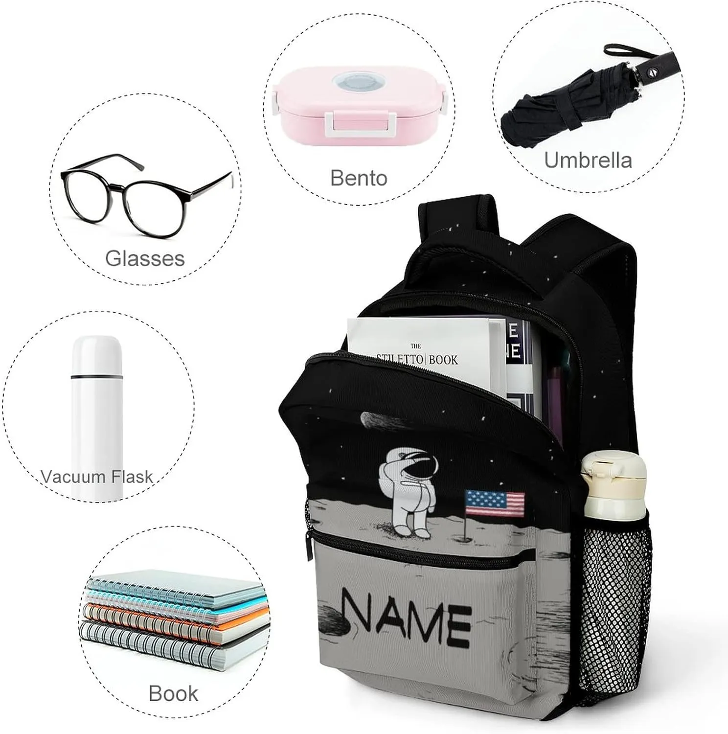 Custom Cute Moon Astronaut Backpack Personalized Name Text Backpack Daypacks Customized BookBags School Bag for Student Boys Girls