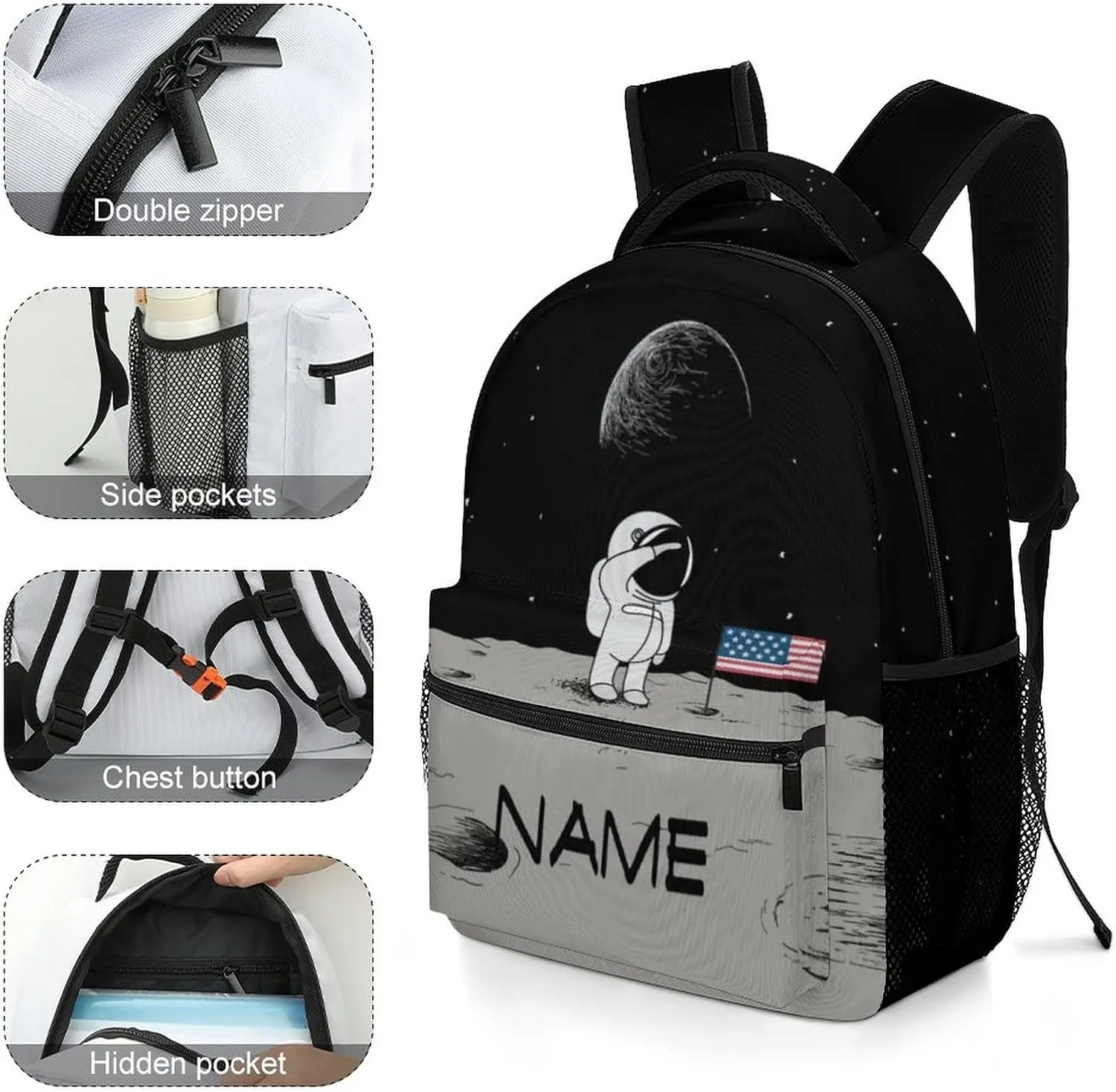 Custom Cute Moon Astronaut Backpack Personalized Name Text Backpack Daypacks Customized BookBags School Bag for Student Boys Girls