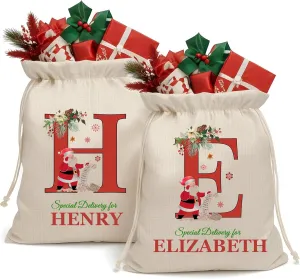 Custom Initials Personalized Santa Sack with Name, Monogrammed XL Christmas Bags with Drawstring, Reusable Sacks for Presents, Burlap Christmas Bags Large
