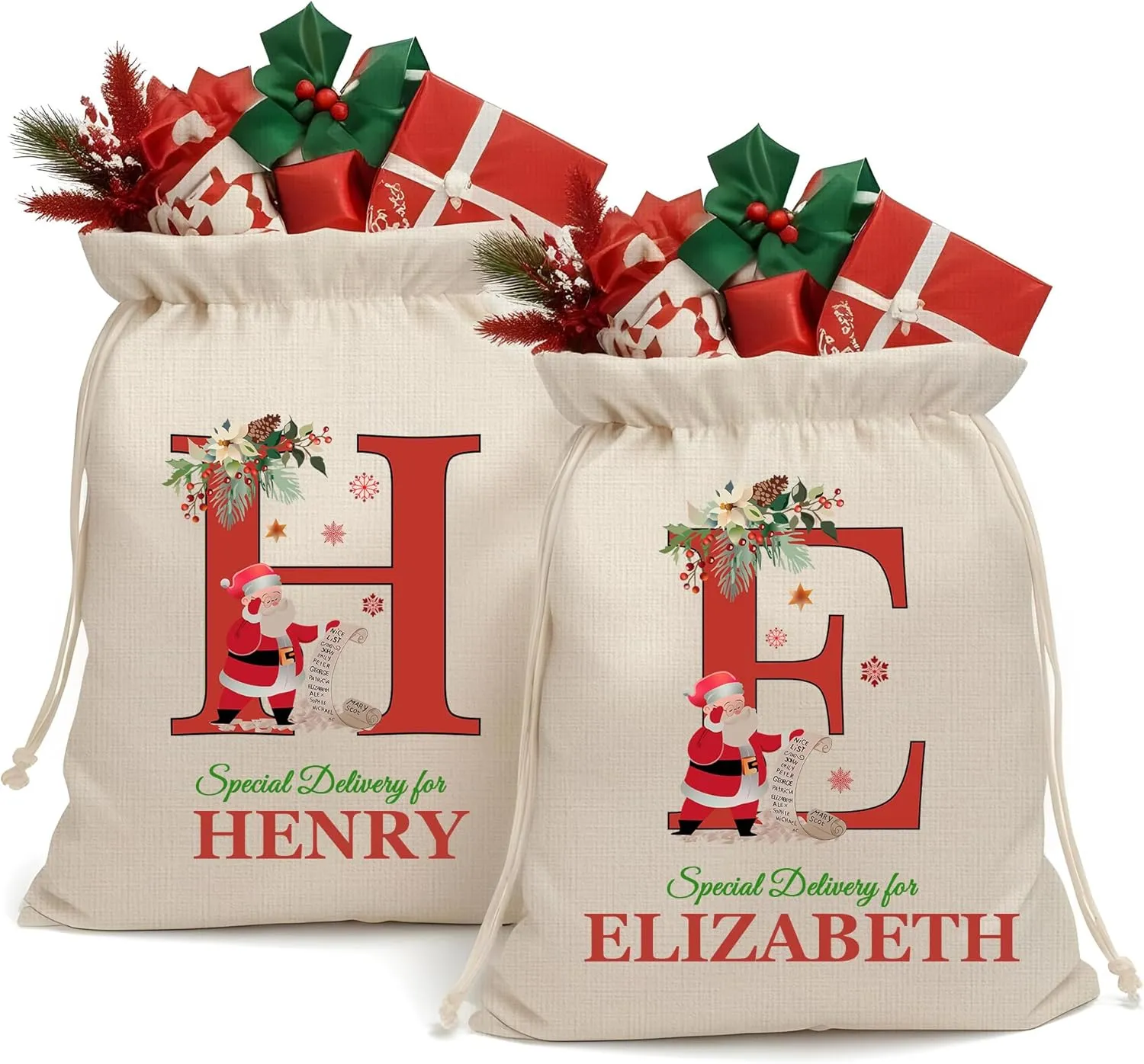 Custom Initials Personalized Santa Sack with Name, Monogrammed XL Christmas Bags with Drawstring, Reusable Sacks for Presents, Burlap Christmas Bags Large