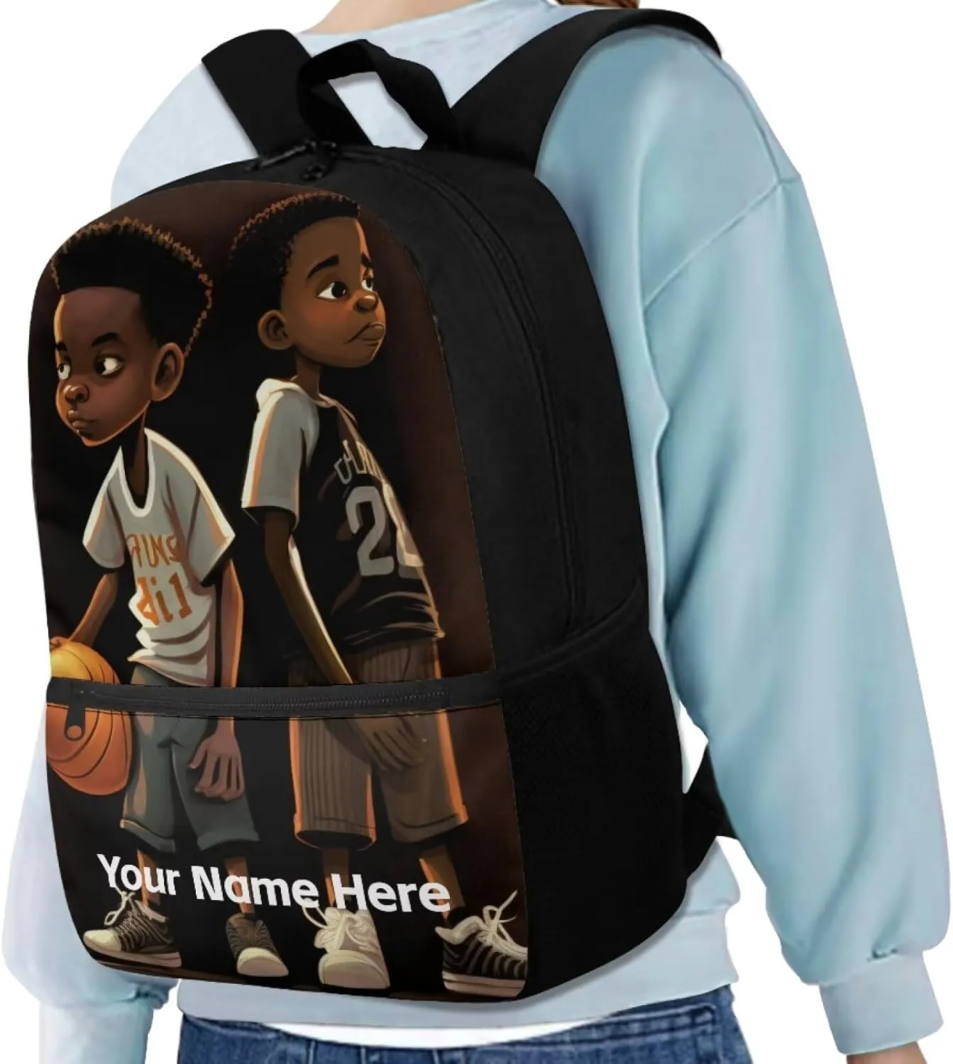 Custom Name African Boys Backpack 10-12 Years Old Basketball Bookbag Personalized School Bag for Kids Age 8-10 Black Schoolbag Elementary Middle Student Book Bags With Water Bottle Holder