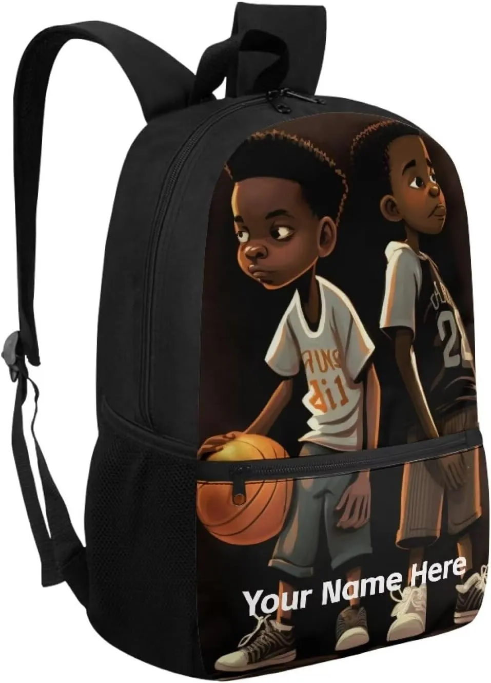 Custom Name African Boys Backpack 10-12 Years Old Basketball Bookbag Personalized School Bag for Kids Age 8-10 Black Schoolbag Elementary Middle Student Book Bags With Water Bottle Holder