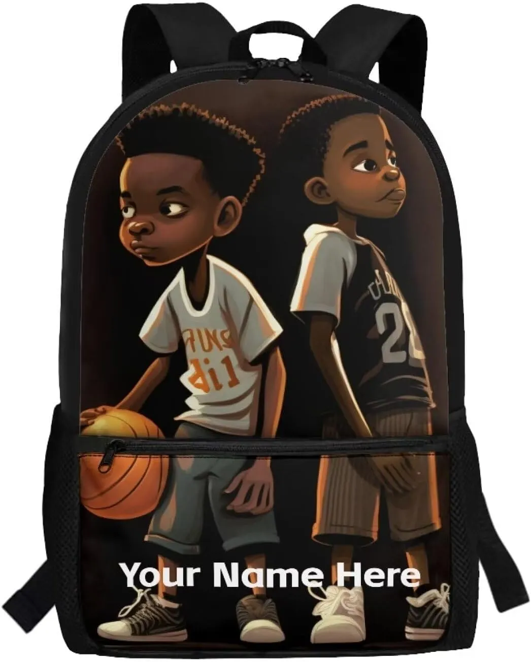 Custom Name African Boys Backpack 10-12 Years Old Basketball Bookbag Personalized School Bag for Kids Age 8-10 Black Schoolbag Elementary Middle Student Book Bags With Water Bottle Holder