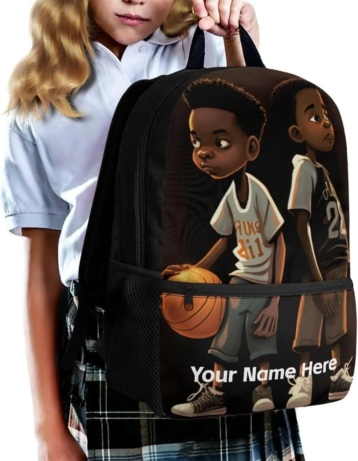 Custom Name African Boys Backpack 10-12 Years Old Basketball Bookbag Personalized School Bag for Kids Age 8-10 Black Schoolbag Elementary Middle Student Book Bags With Water Bottle Holder