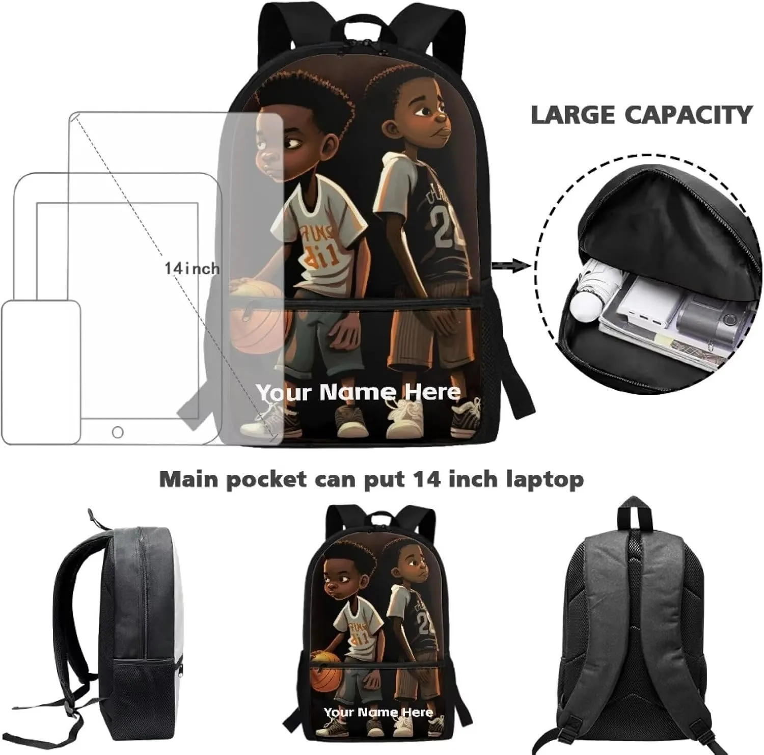 Custom Name African Boys Backpack 10-12 Years Old Basketball Bookbag Personalized School Bag for Kids Age 8-10 Black Schoolbag Elementary Middle Student Book Bags With Water Bottle Holder