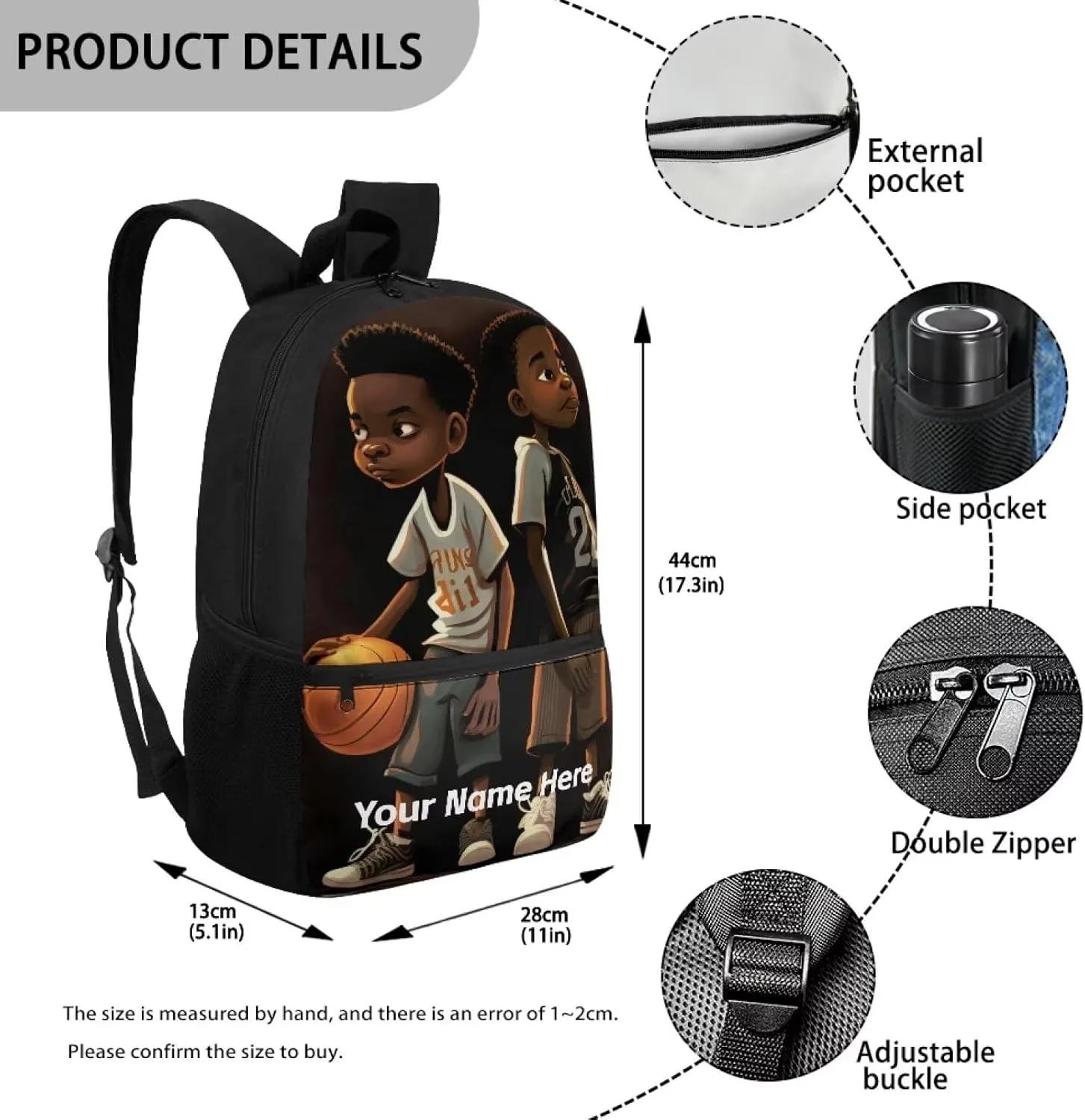 Custom Name African Boys Backpack 10-12 Years Old Basketball Bookbag Personalized School Bag for Kids Age 8-10 Black Schoolbag Elementary Middle Student Book Bags With Water Bottle Holder