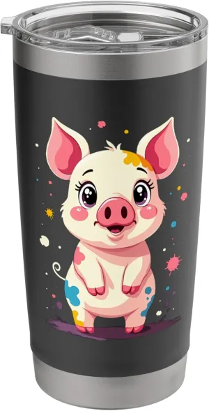 Cute Cartoon Pig with Colorful Paint Splashes Stainless Steel Insulated Tumbler
