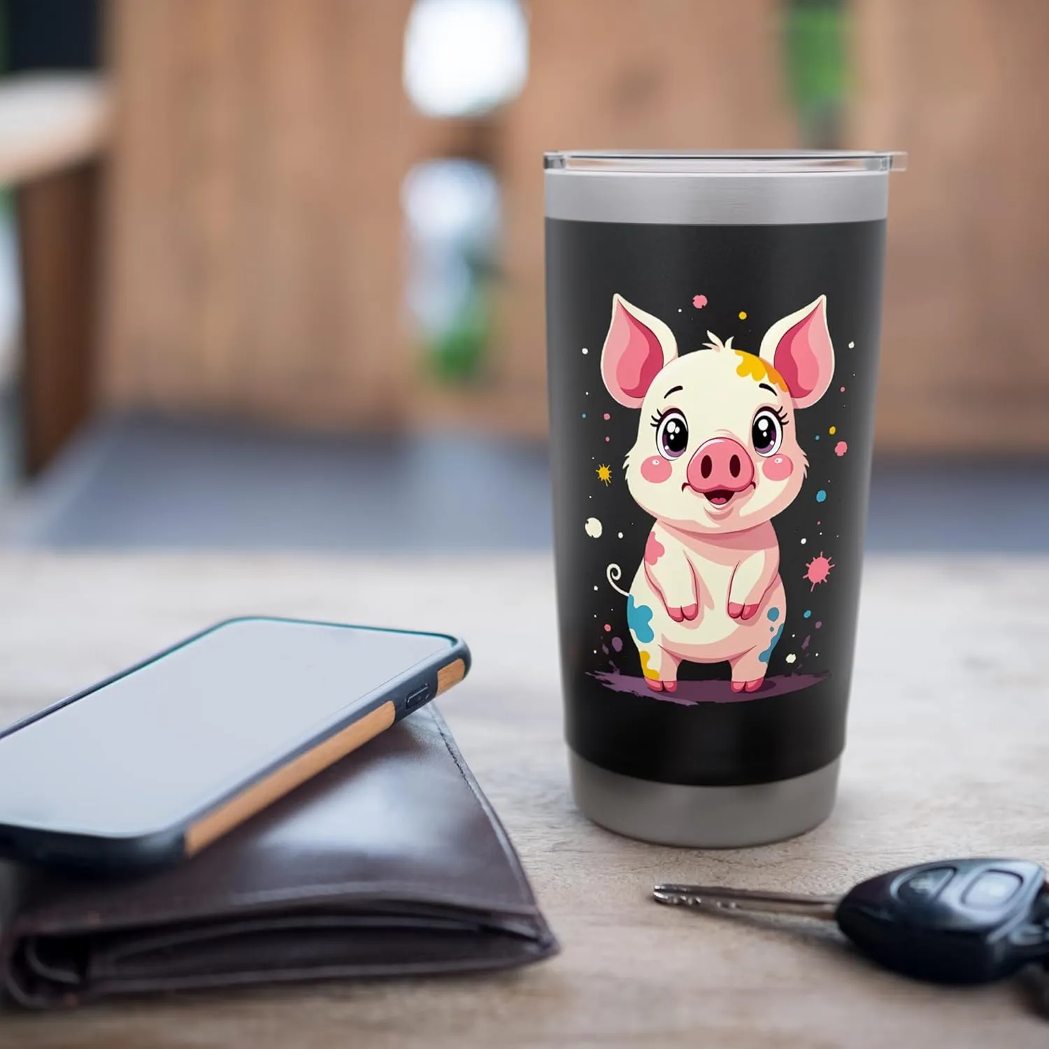 Cute Cartoon Pig with Colorful Paint Splashes Stainless Steel Insulated Tumbler