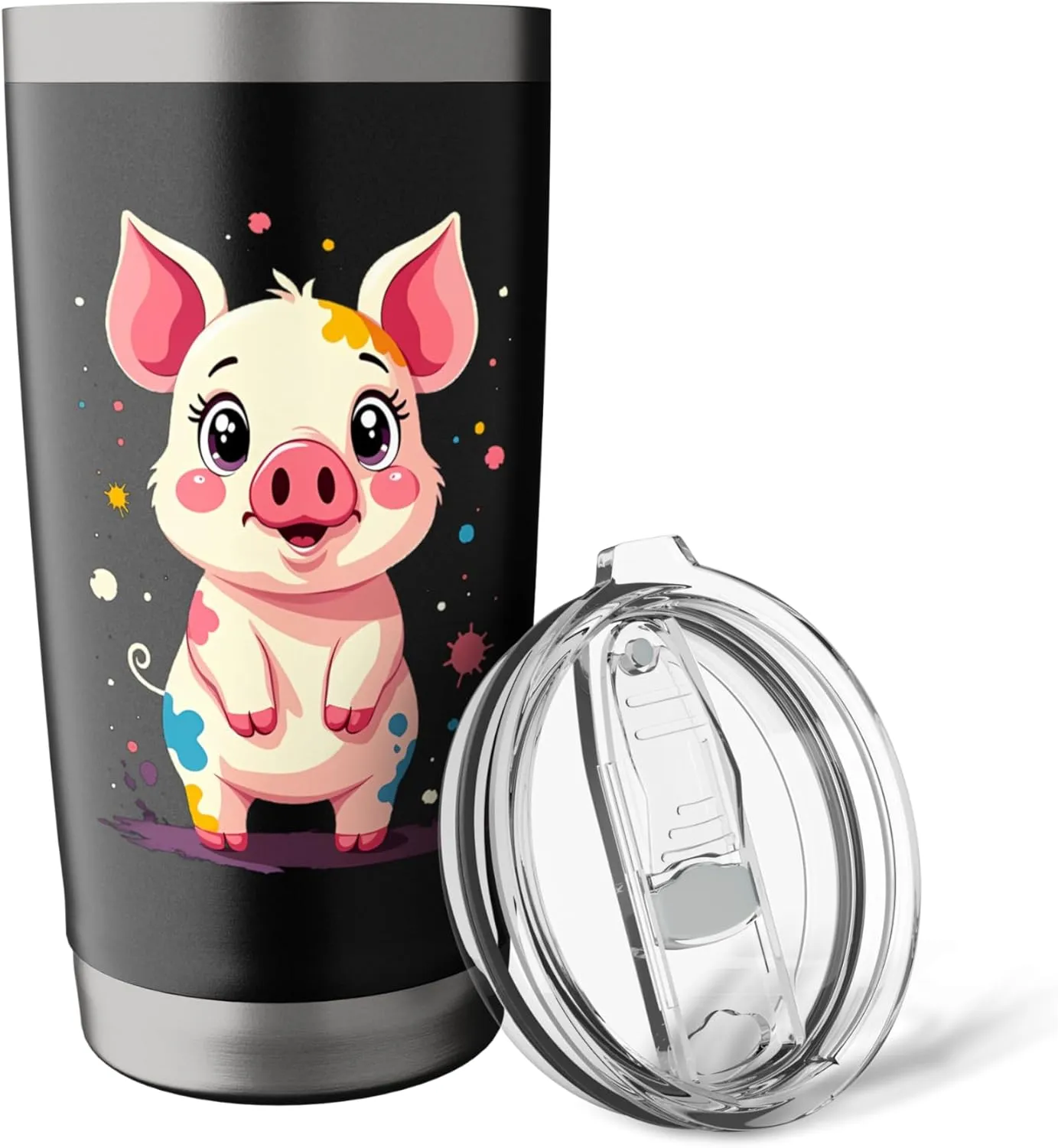 Cute Cartoon Pig with Colorful Paint Splashes Stainless Steel Insulated Tumbler