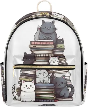 Cute Cat Books Mini Backpack Purse for Women Teen Girls, Funny Cat Leather Small Backpack Lightweight Casual Travel Daypacks Shoulder Bag for Fashion