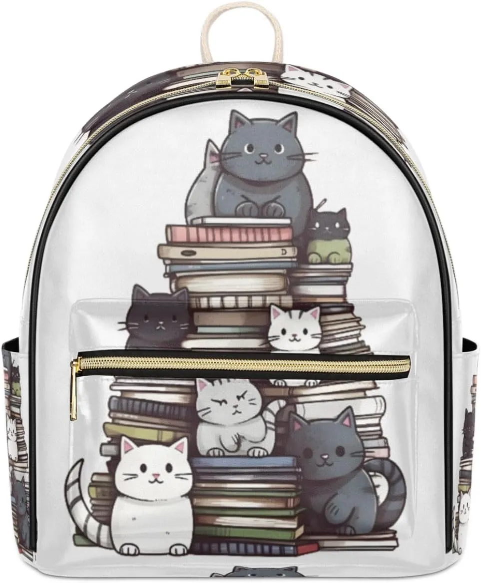 Cute Cat Books Mini Backpack Purse for Women Teen Girls, Funny Cat Leather Small Backpack Lightweight Casual Travel Daypacks Shoulder Bag for Fashion