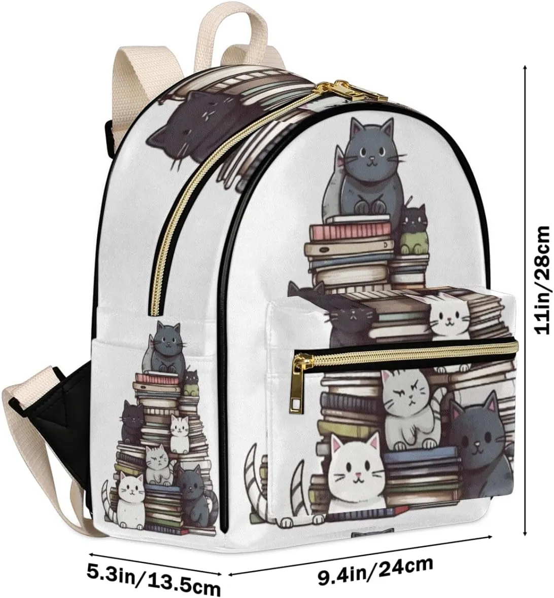 Cute Cat Books Mini Backpack Purse for Women Teen Girls, Funny Cat Leather Small Backpack Lightweight Casual Travel Daypacks Shoulder Bag for Fashion