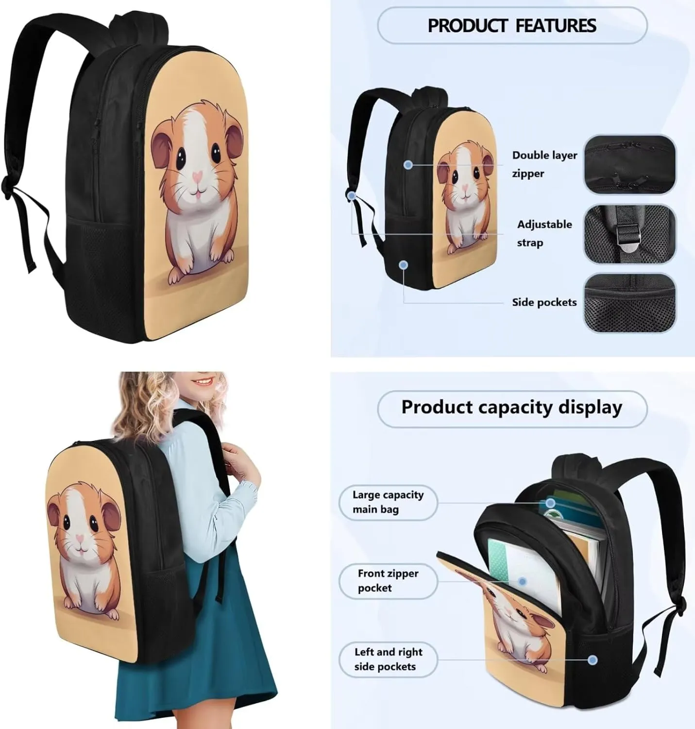 Cute Copybara Backpack for Girls 8-10 Kids Backpack and Lunch Box Set Reading Bookmark with Zip Pencil Case for Kids Boys 4 in 1 Set 5Th Grade Bookbag Compartment for School